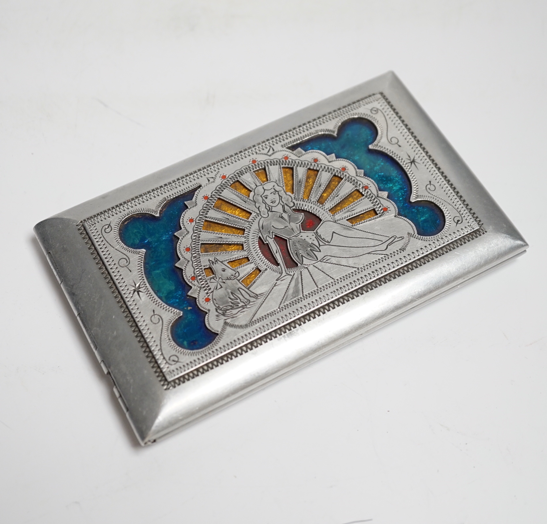 A novelty aluminium and enamel cigarette case made from a propeller, inscribed ‘Fred, Dot, Eddie, Maggie, Egypt 1947’, 13cm x 8.5 cm